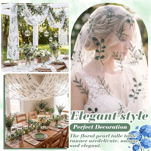 Mindsoft 3 Pcs Eucalyptus Table Runner 10ft Gauze Sage Green Embroidered Leaf Decor Foliage Floral Tulle Lace Table Runner for Wedding Bridal Baby Shower Holiday Dining Decor DIY - style: Green Leaves