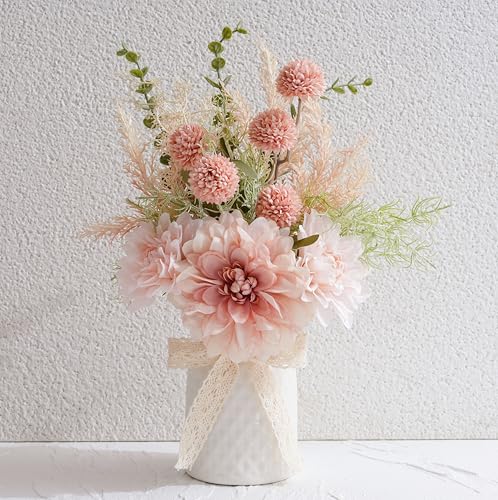 LUEUR Artificial Flowers with Ceramic Vase Centerpieces – Spring Silk Pink Flower Arrangement for Coffee Table Decor, Faux Flower Bouquet for Home Indoor Decoration, Bathroom, Dining Room, Kitchen - color: Pink