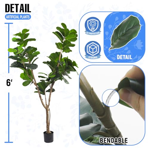E&K 6FT Artificial Fiddle Leaf Fig Tree with Plastic Nursery Pot, Fake Tree Artificial Greenery Plant Faux Trees for Home Office Garden Indoor Outdoor Decor (1 Pack) - color: Fiddle Leaf Fig Tree, size: 6ft