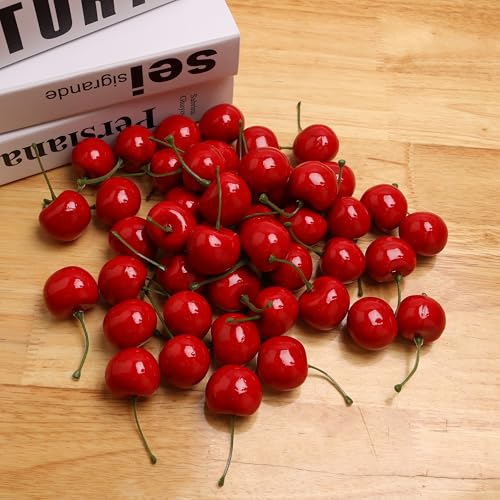 50PCS Lifelike Artificial Red Cherries-Decorated with Small Fake Fruits, Used for Cake Ingredients, Food Display, Handicrafts and Central Decoration-are Vibrant and Reusable - color: Red Cherry