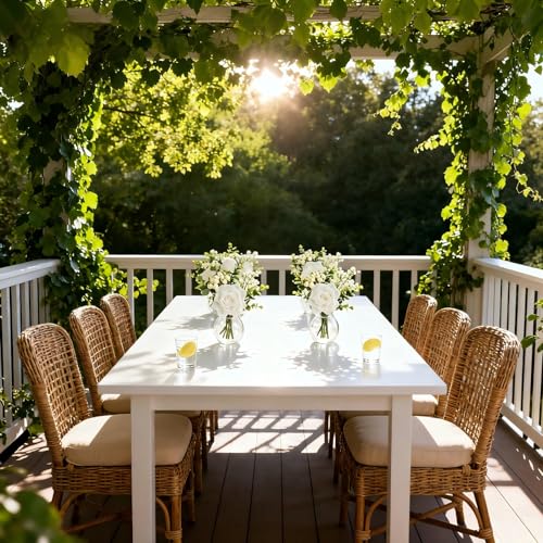 Garvee 6 Pcs Artificial Flowers in Vase, Lifelike Fake Rose Eucalyptus Leaves & Baby Breath, Faux Flower Arrangements for Wedding Bride Bouquets Home Kitchen Table Decorations, White