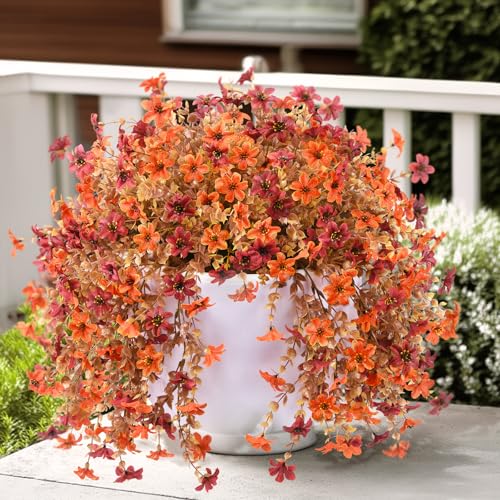Artificial Faux Mums Fall Flowers for Outdoor Autumn Decoration,2 PCS Fake Silk Daisy Flowers Plant Eucalyptus Leaves Realistic UV Resistant for Front Porch Patio Balcony Yard Home Decor(Orange Brown) - color: D Orange Brown