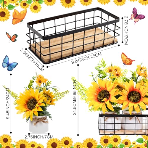 AceOrbit 3 Pcs Artificial Sunflower Potted Plants with Wire Tray Farmhouse Faux Sunflowers for Kitchen Table Centerpieces Fake Yellow Flowers in Rustic Pots for Dining Home Bathroom Wedding (Trendy) - style: Trendy