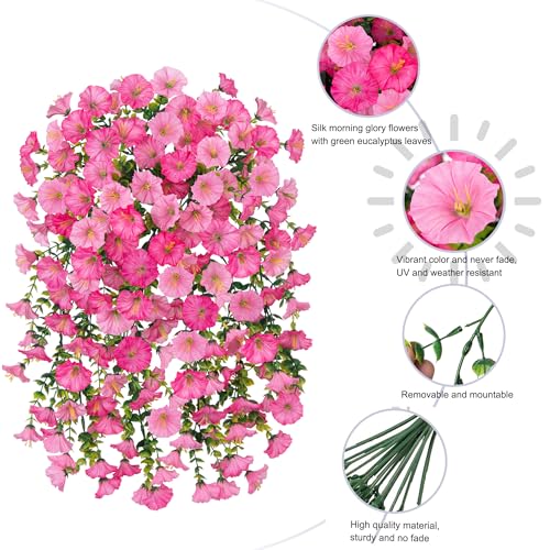Ivydale 2 PCS Artificial Hanging Flowers Fake Plants Outdoor,Silk Morning Glory Faux Flowers with Eucalyptus Leaves,UV Resistant Realistic Hanging Plants for Home Garden Decor (Pink+Light Pink) - color: Pink+light Pink