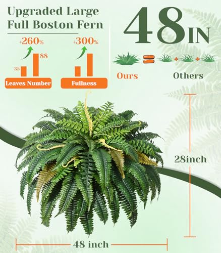 MARTINE MALL 2Pcs 48''/ 88 Leaves XXL Large Fake Ferns Artificial Ferns for Outdoors, UV Resistant Faux Boston Fern for Outdoor Planter Realistic Hanging Artificial Fake Plants for Porch Patio - color: Green, size: 2 PCS