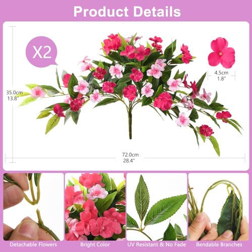 Hommyea Artificial Flowers for Outdoor, 2 Bundles UV Resistant Fake Plants Decoration Realistic Faux Silk Flowers No Fade Plastic Flowers for Outside Planters Home Porch Patio Yard Garden Decor - color: Rose Pink