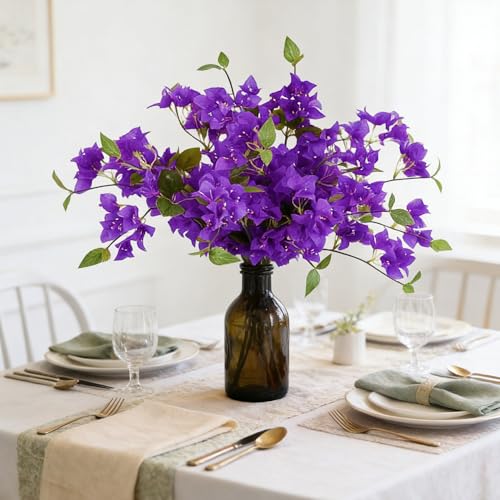 HCTCPALS Artificial Flowers for Outdoors 10 Pcs Bougainvillea Plant Realistic Silk Fake Flowers for UV Resistant Faux Plants Outdoor Indoor Outside Front Porch Hanging Planter Decoration-30” Purple - color: Bougainvillea Purple