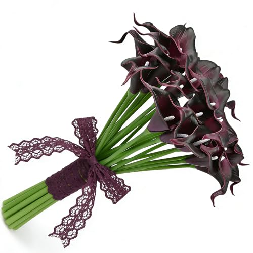 Calla Lily Bridal Wedding Festival Decor Bouquet Real Touch Latex Flower Bouquet Pack of 20 (Black Burgundy) - color: Black Burgundy