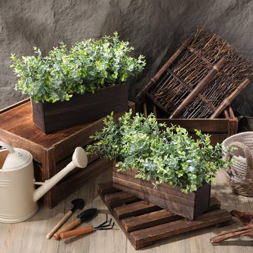 Lyrow 2 Pack Artificial Eucalyptus Plant in Rustic Rectangular Wooden Planter Box Greenery Faux Potted Herb Plant for Indoor Wedding Table Centerpiece(Green,11.4 x 3.7 x 7.8 Inches,Retro Style) - color: Brown, size: 11.4 Inch, style: White Frosted Pointed