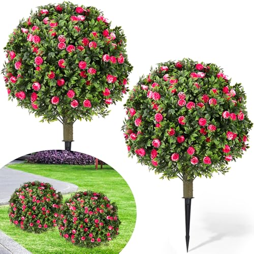 Lunmon 2 Pack 24" Artificial Topiary Ball Plants Trees with Flowers, Outdoor Fake Topiary Plants with Ground Spike, UV Resistant Faux Bushes for Indoor Outdoor Front Door Decor(Pink, White,Rose) - color: Pink, White, style: Rose