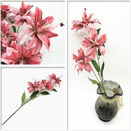 Artifical Lily Flowers Full Bloom Silk Flower Long Stems 4 Pack, Fake Stargazer Lilies Bundles Faux Tiger Lily Floral Plant for Wedding Bouquet Home Hotel Office Vase Arrangement Party Decor - Pink - color: Lily Silk Flowers / Pink 4 Pack