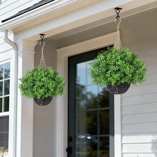 YXZZWL Artificial Boxwood Hanging Basket - 2 Sets with Baskets, Hanging Plants Faux Shrubs, Suitable for Porch, Eaves, Farmhouse, and Garden Decoration for Outdoor UV-Resistant Ornaments