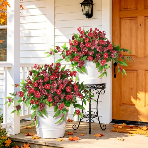 Hommyea Fall Artificial Flowers for Outdoor Fall Decor, 2 Bundles Fake Flowers UV Resistant Faux Silk Flowers No Fade Plastic Flowers for Outside Planters Home Porch Patio Yard Garden Decor - color: Red,reddish Brown
