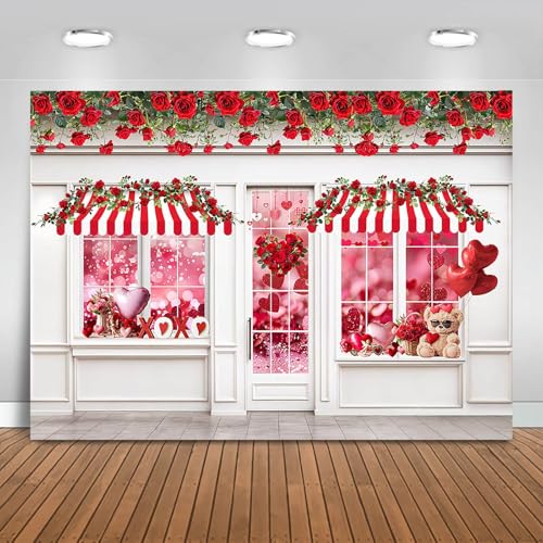 Valentines Photography Backdrop 7x5ft Valentines Shop Red Rose White Wall Photo Background Flowers Shop Wedding Bridal Shower Banner Photo Booth Props