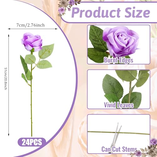 24 Pcs Lavender Rose Artificial Flowers with Long Stem Real Touch Silk Plastic Bouquet Purple Roses Bulk for Wedding Party Table Centerpieces Festival Decorations - color: Lavender