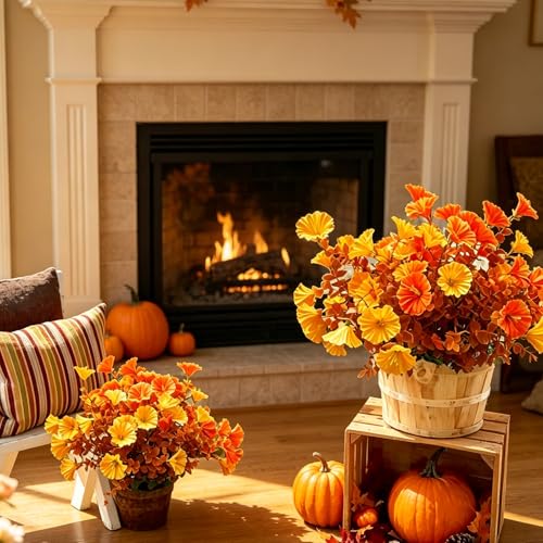 6 Pcs Artificial Fall Flowers 13.7 Inch Faux Autumn Floral Stems Mixed Burnt Orange Fake Bouquet Thanksgiving Table Centerpiece Home Decor - color: Orange Yellow