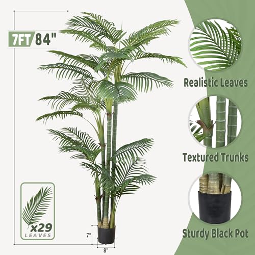 Roselywed Artificial Areca Palm Tree 7FT with 29 Leaves Realistic Tall Large Fake Faux Tropical Silk Plant 84 Inch Black Pot for Indoor Home Office Porch Mall School Decor Housewarming Gift - size: 7ft