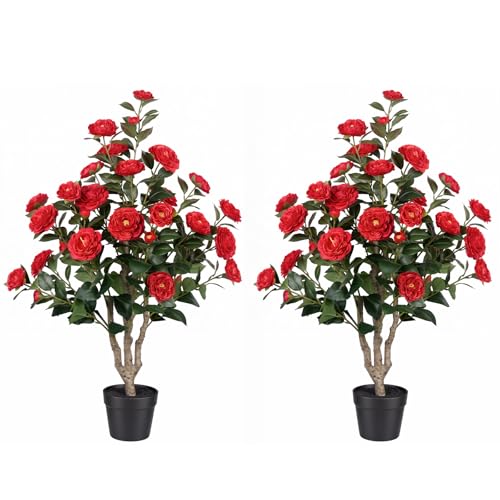 3ft Artificial Camellia Tree 2 Pack, 36" Faux Potted Camellia Plant with Vibrant Red Silk Flowers, UV Resistant Fake Flowering Tree for Front Porch Indoor Outdoor Home Office Floor Decor - color: Camellia Tree Red