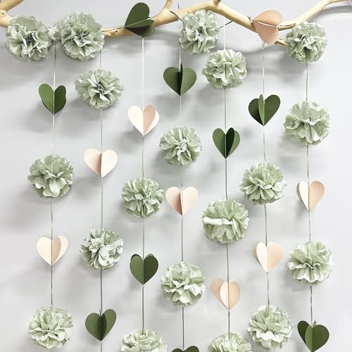 Sage Green Party Decoration Tissue Flowers Pom Pom with 3D Heart Hanging Paper Garland Banner Streamer for Birthday Baby Shower Wedding Valentines Day Woodland Neutral Themed Party Home Decor Supplies - color: Sage Green Beige Heart