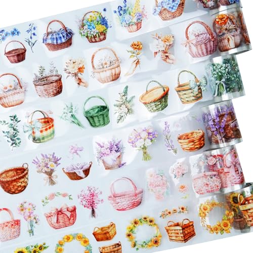 Flower Basket PET Tape Set, 6 Rolls Pre-Cut Vintage Floral Scrapbook Supplies for Journaling, DIY Crafts, and Planners,with Clip - color: Bloom Harvest