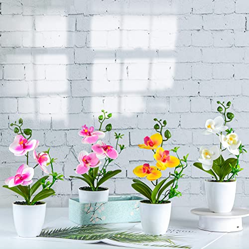 XONOR 4Pcs Artificial Orchid Flowers Mini Potted Orchid Flowers Fake Orchids with Plastic Vase for Home Office Wedding Table Centerpiece Decoration(White,Yellow,Pink,Light Pink) - color: White&yellow