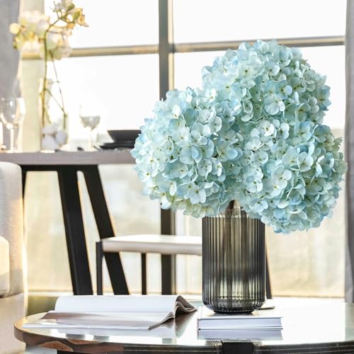 ZYTUYO 3PCS Blue Hydrangea Artificial Flowers 25.6" Large Fake Hydrangeas Flowers with Stems Faux Silk Bouquet for Indoor Home Decor Table Wedding Party Floral Outdoor Centerpieces - color: Lake Blue