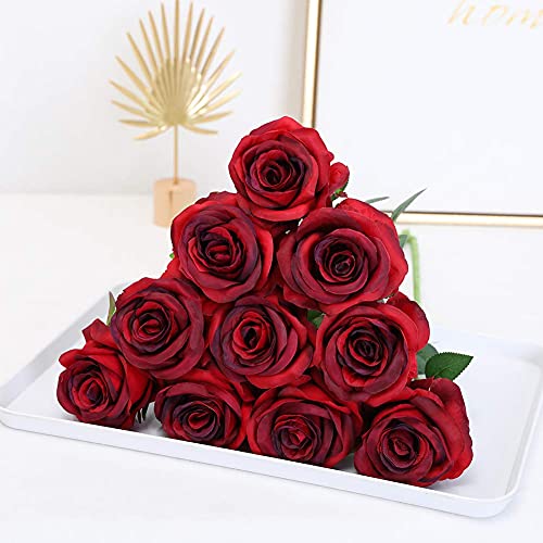 Veryhome Artificial Flowers Silk Roses Real Touch Bridal Wedding Bouquet for Home Garden Party Floral Decor 10 Pcs (Blooming Rose - Gradient Burgundy Red) - color: Blooming Rose - Gradient Burgundy Red