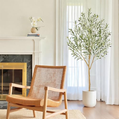 Bellacat 6ft Faux Olive Tree with Real Wood Trunk, 72in Artificial Olive Tree with Lifelike Fruits & Silk Leaves, Fake Olive Tree Indoor for Living Room Bedroom Office Decor - color: Green Olive Tree, size: 6ft