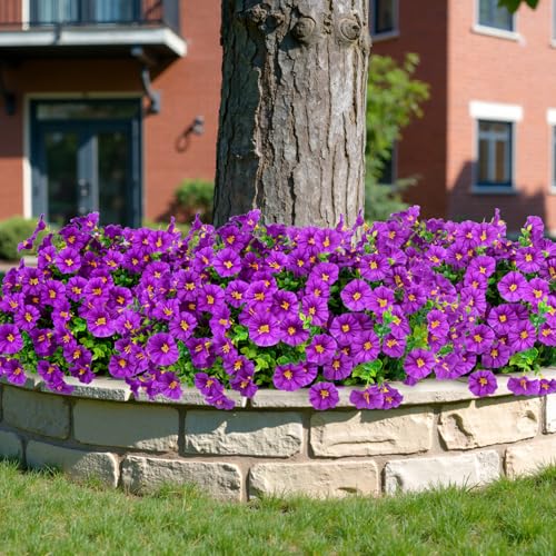 Ouddy Decor 24 Bundles Artificial Flowers for Outdoors Decoration Fake Silk Morning Glory Flowers Faux Eucalyptus Plants UV Resistant for Porch Patio Garden Spring Summer Home Decor, Purple - color: Purple