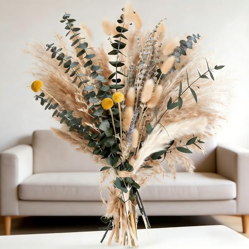 Boho Spring Dried Floral Bouquet for Home, Wedding Tables and Special Events – Pampas and Bunny Tail 17 Inch (Natural Mix) - color: Natural Mix