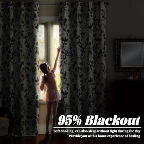 Renaiss Botanical Herbs Blackout Curtains, Vintage Eucalyptus Leaf Thermal Insulated Bedroom Window Curtains, Classical Gray Plants Window Curtains for Kitchen, 45" L x 29" W 2 Panel Set - color: Vine, size: 29"W x 45"L (Pack of 2)