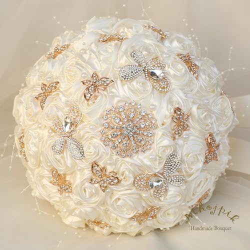 Handmade Wedding Flowers Bouquet Round Holding Bridal Bouquet Artificial Satin Roses Bunch for Bride Bridesmaid Wedding Quinceanera (Ivory, 7.5") - color: Ivory, size: Small (Dia. 7.5"/19cm)