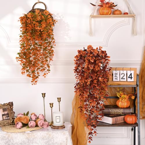 Waipfaru 4Pcs Fake Hanging Plants, Red-Brown Eucalyptus Leaves UV Resistant Fake Vines Ivy Artificial Plants Outdoor Faux Plants Indoor Bedroom Living Room Boho Wall Porch Shelf Decor - color: Red-brown Eucalyptus Vines, size: 4Pcs Plants