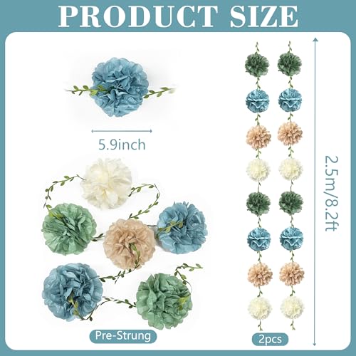 Sage Green Dusty Blue Khaki Beige Tissue Paper Flowers Pom Pom with Leaf Ribbon Hanging Garland Streamer for Birthday Baby Shower Wedding Engagement Silly Goose Themed Party Decorations Supplies - color: sage green blue