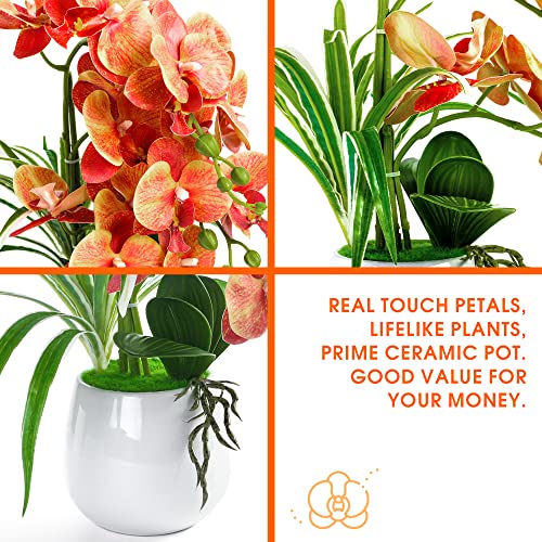 W&W Artificial Orchid Plants and Flowers with Vase, Fake Faux Orchid in Ceramic Pot,19”, Orange - color: Orange 01