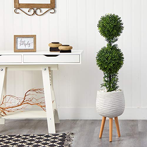 Nearly Natural 4ft. Boxwood Double Ball Topiary Artificial Tree in White Planter with Stand (Indoor/Outdoor)