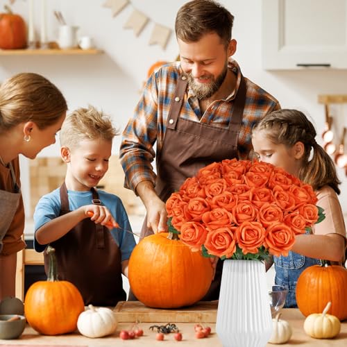 30pcs Fake Roses Artificial Silk Flowers Long Stems Bouquet for Wedding Bridal Shower Party Home Decoration (Orange) - color: Orange