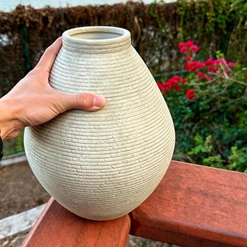 Rustic Ceramic Planter Pot, Terracotta Floor Vase with Textured Ribbed Design, Large Home Decor for Table Centerpiece, Farmhouse Style (Gray)