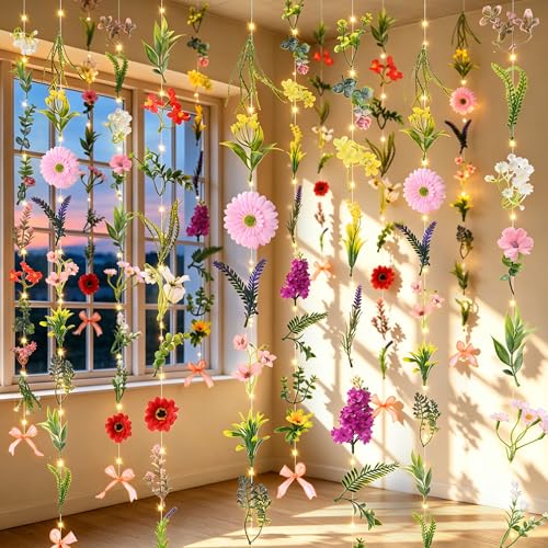 Livole 6Pcs 36Ft Hanging Flower Garland with Light, Wildflower Garlands Backdrop Silk Fake Floral Vines with Hooks for Spring Party Wedding Birthday Anniversary Arch Wall Garden Decor - color: Wildflowers With Light, size: 6Pcs