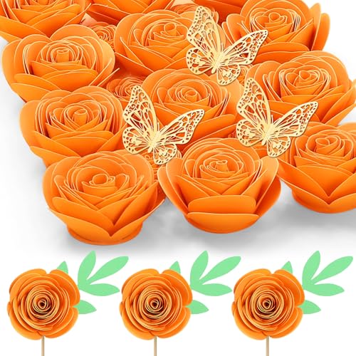 Mverse Halloween Decorations, Thanksgiving Roses Artificial Flowers, Rolled Artificial Roses Paper Flowers, Mini Crafts DIY Gift Decor (18 Pieces, Orange) - color: 09- Orange