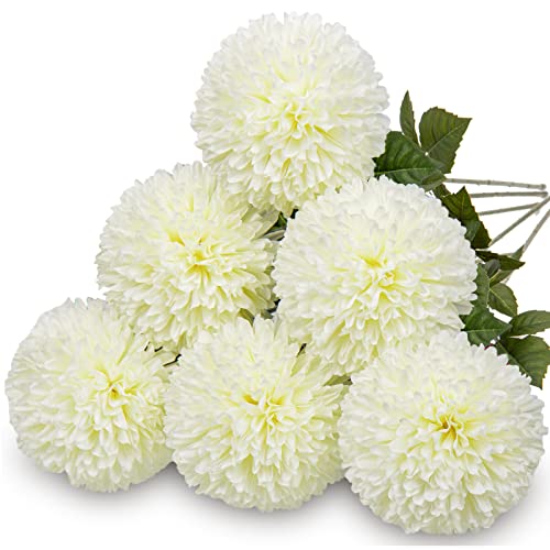 Briful Autumn Artificial Chrysanthemums Ball Flowers 4’’ Large Heads Mums Stems Cream White Fake Hydrangea Flowers Bridal Wedding Bouquet for Home Garden Party Wedding Fall Decoration, Set of 6 - color: 4'' Dia. 6pcs Cream White