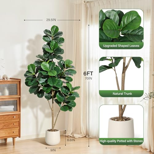 6 ft Fiddle Leaf Fig Tree Artificial with 108 Leaves - Realistic Faux Ficus Lyrata Trees in 9 in White Planter Pot, Indoor Fake Floor Plants for Home Office Living Room Decor, Housewarming Gift - color: With White Planter, size: 6ft