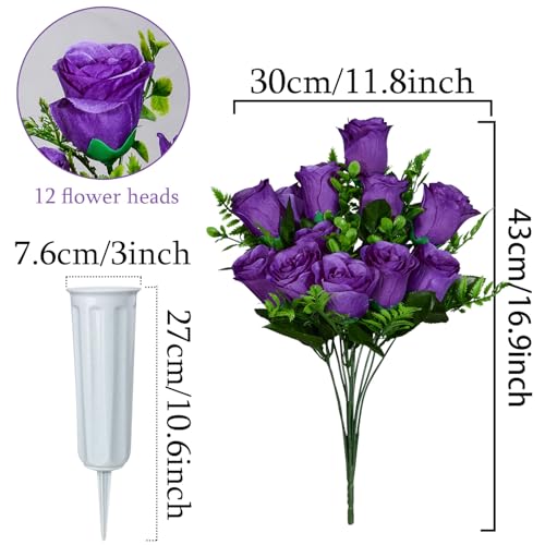 XONOR Artificial Cemetery Flowers, Set of 2 Artificial Rose Bouquet Grave Memorial Flowers with Vase for Cemetery Headstones Decoration (Purple) - color: Purple
