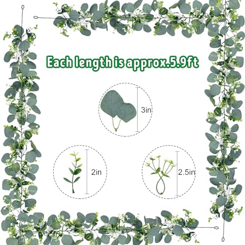 Waipfaru 4Pcs Eucalyptus Garland, 5.9FT Greenery Garland, Green Garland with Flowers, Artificial Faux Silver Dollar Eucalyptus Leaves Vines for Table Home Wedding Mantle Party Indoor Outdoor Decor - color: Eucalyptus Garland, size: 4Pcs