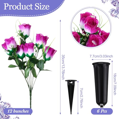 Tigeen 6 Sets Father's Day Cemetery Flowers with Grave Vase 12 Bunches Artificial Rose Memorial Bouquet 84 Heads Fake Silk Flower for Dad Gravesite Graveside Decor(Purple) - color: Purple