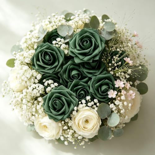 Artificial Flowers, 25pcs Hunt Green Artificial Roses Flowers with Stems Real Touch Fake Roses for DIY Wedding Bouquet Centerpiece Bridal Shower Baby Shower Home Decoration - color: Green, size: 25pcs