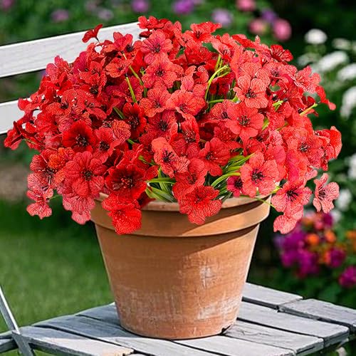 16 Bundles Red Summer Flowers Artificial Outdoor UV Resistant Fake Flowers Summer Outdoor Porch Decor Outside Artificial Plants for Window Box - color: C - Red