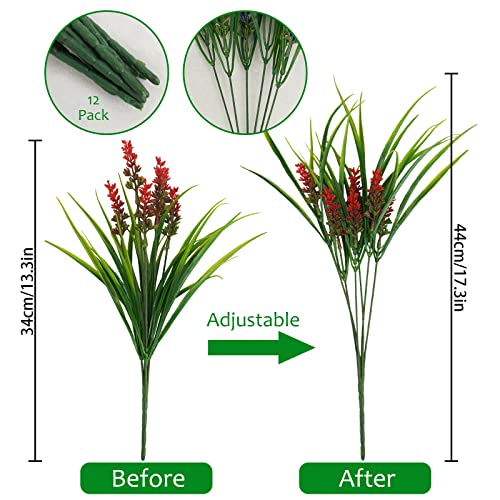 obbsie 36 Bundles Artificial Plants Outdoor, 18.2" UV Resistant Faux Monkey Grass Greenery Stems No Fade Faux Plastic Flowers Shrubs for Home Weddings Garden Porch Front Patio Office Decor - Red - color: Red, size: 36 Pcs