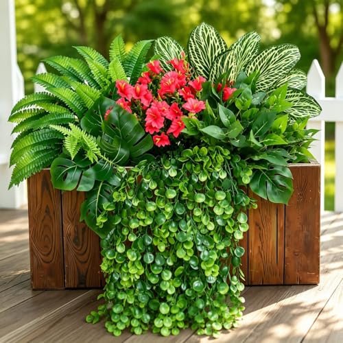 Artificial Greenery Outdoor Fake Ivy Plants Hanging Faux Boston Ferns Stems UV Resistant,10Bundles Faux Shrubs Mixed Artificial Flowers Grass for Outdoor Planter Window Box Bedroom Porch - color: Red Green