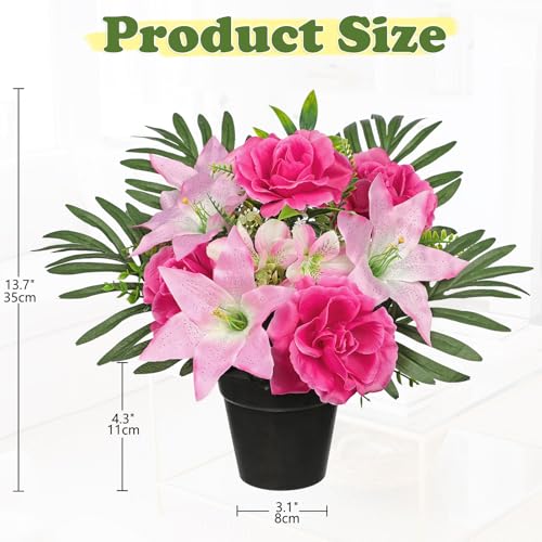 Hollyone Artificial Cemetery Flower for Graves, Pink Faux Lily Rose Flowers in Pot Silk Cemetery Memorial Flowers for Outdoors Gravesites Headstones Home Decoration - color: Deep Pink-rose Lily